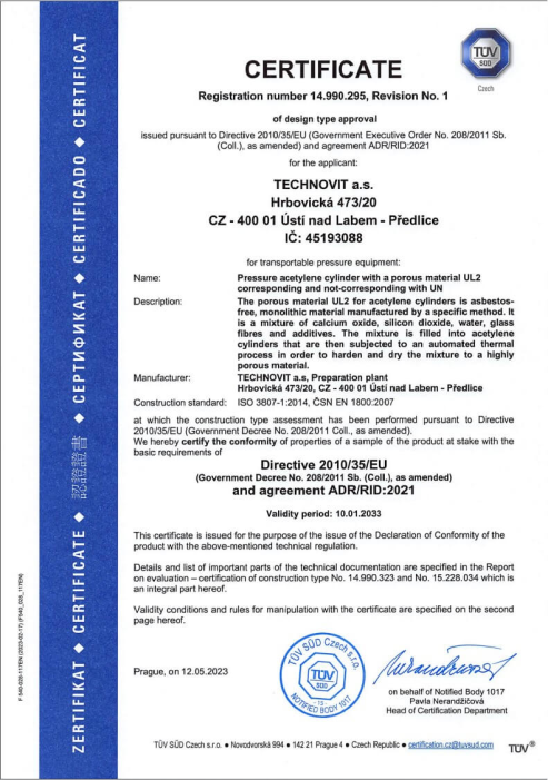 Certifikát Technovit Provoz Preparace Ústí nad Labem